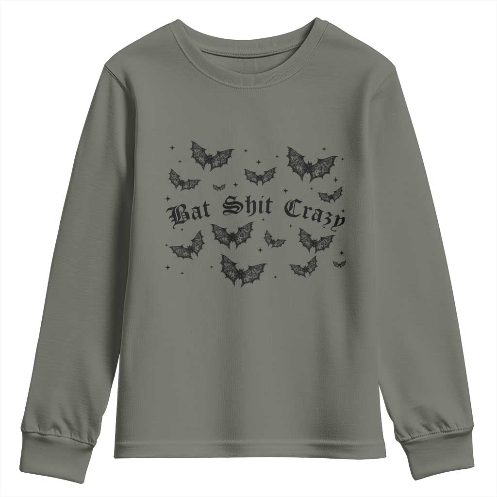 Funny Halloween Bat Shit Crazy Youth Sweatshirt Horror Gothic Coquette Bat TS11 Military Green Print Your Wear