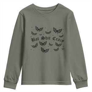 Funny Halloween Bat Shit Crazy Youth Sweatshirt Horror Gothic Coquette Bat TS11 Military Green Print Your Wear
