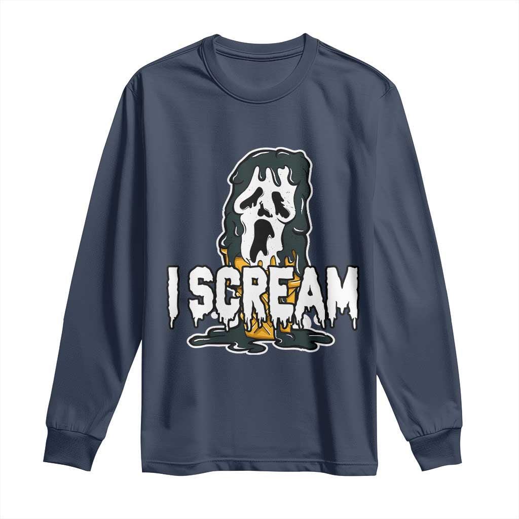 Funny Halloween Ghost Horror Face Long Sleeve Shirt I Scream Ice Cream Slasher Pun TS11 Navy Print Your Wear