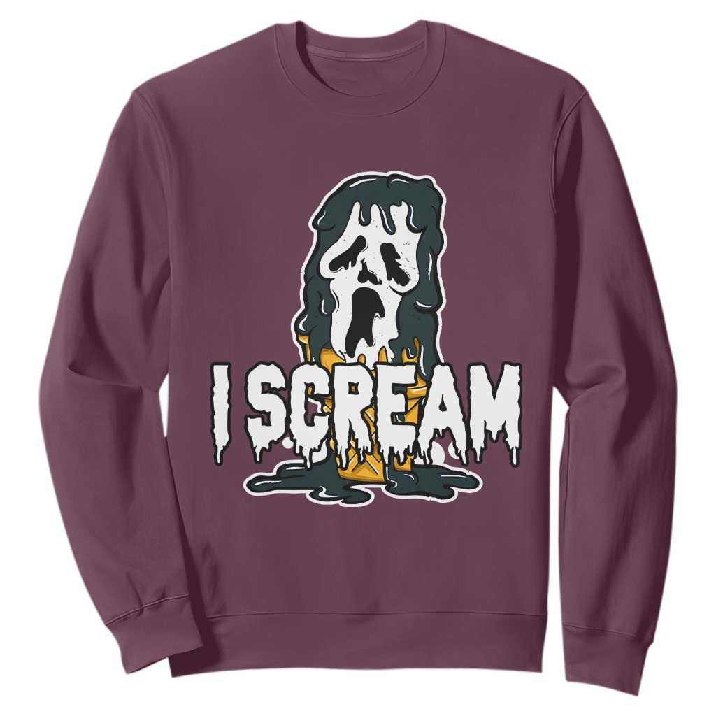 Funny Halloween Ghost Horror Face Sweatshirt I Scream Ice Cream Slasher Pun TS11 Maroon Print Your Wear