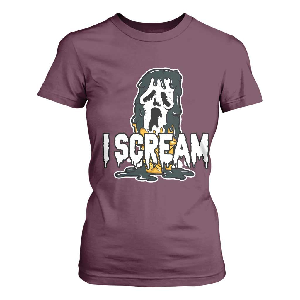 Funny Halloween Ghost Horror Face T Shirt For Women I Scream Ice Cream Slasher Pun TS11 Maroon Print Your Wear