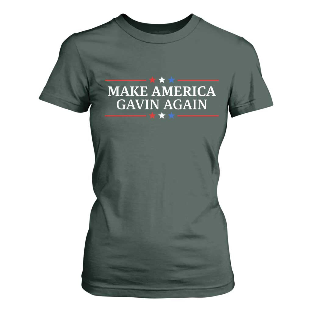 Make America Gavin Again T Shirt For Women Gavin Newsom Support Stars And Stripes TS11 Dark Forest Green Print Your Wear
