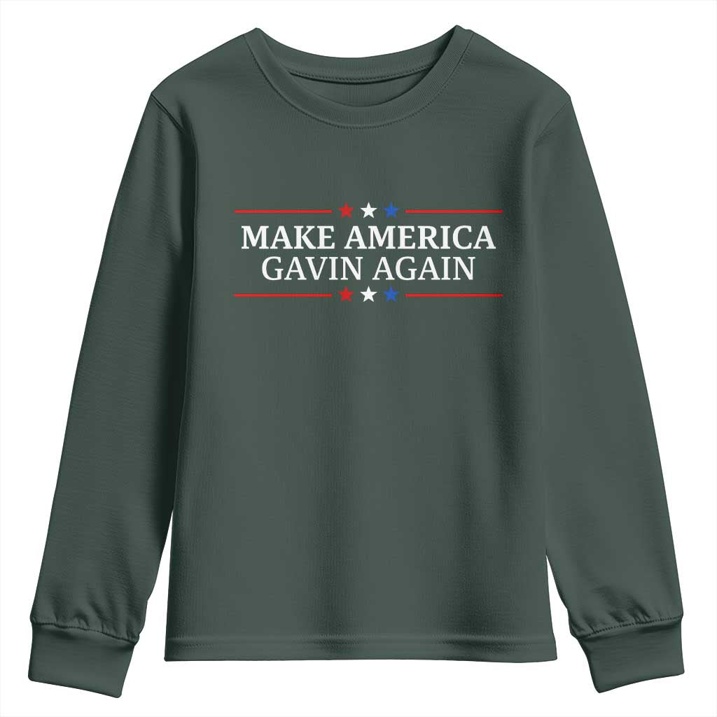 Make America Gavin Again Youth Sweatshirt Gavin Newsom Support Stars And Stripes TS11 Dark Forest Green Print Your Wear