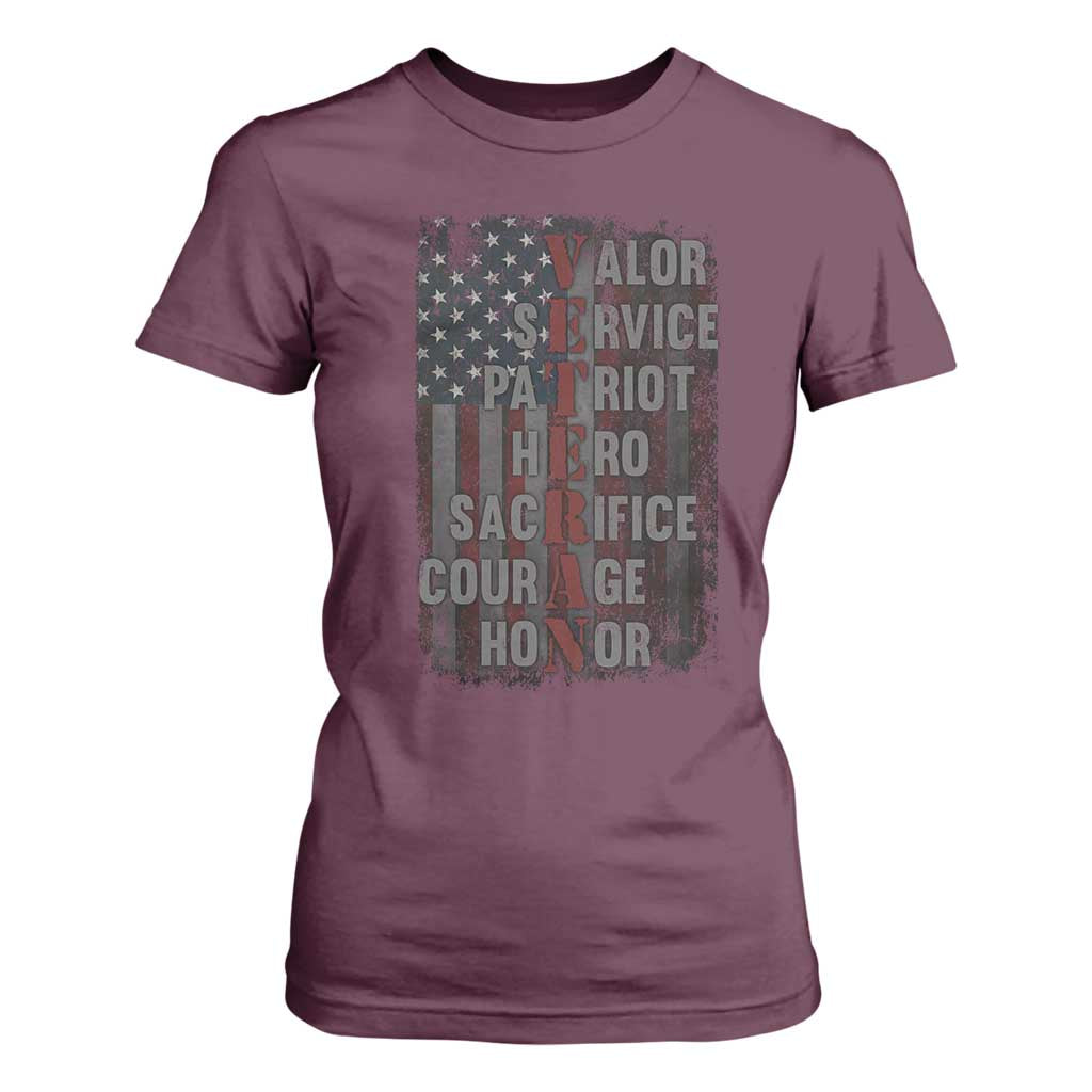 Veterans Valor Service Patriot Hero Sacrifice Courage Honor T Shirt For Women American Flag TS11 Maroon Print Your Wear
