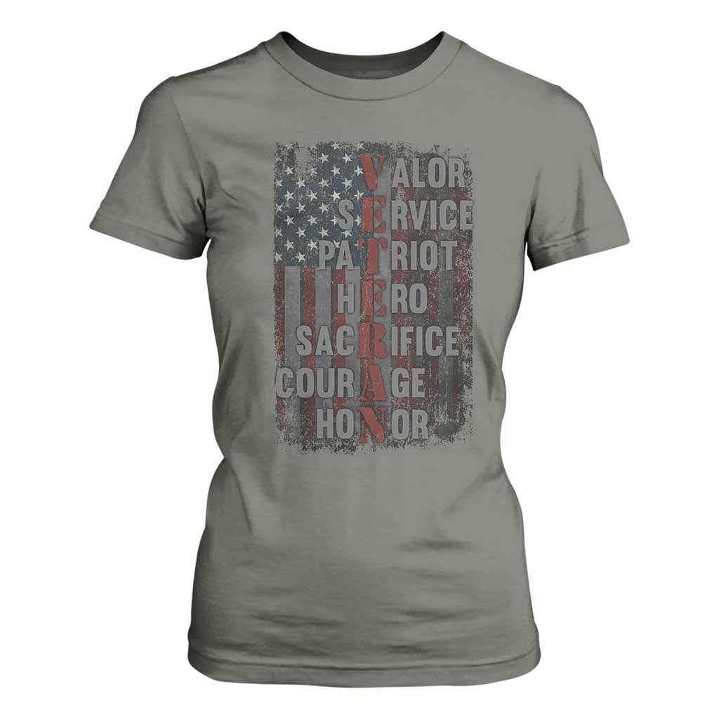 Veterans Valor Service Patriot Hero Sacrifice Courage Honor T Shirt For Women American Flag TS11 Military Green Print Your Wear