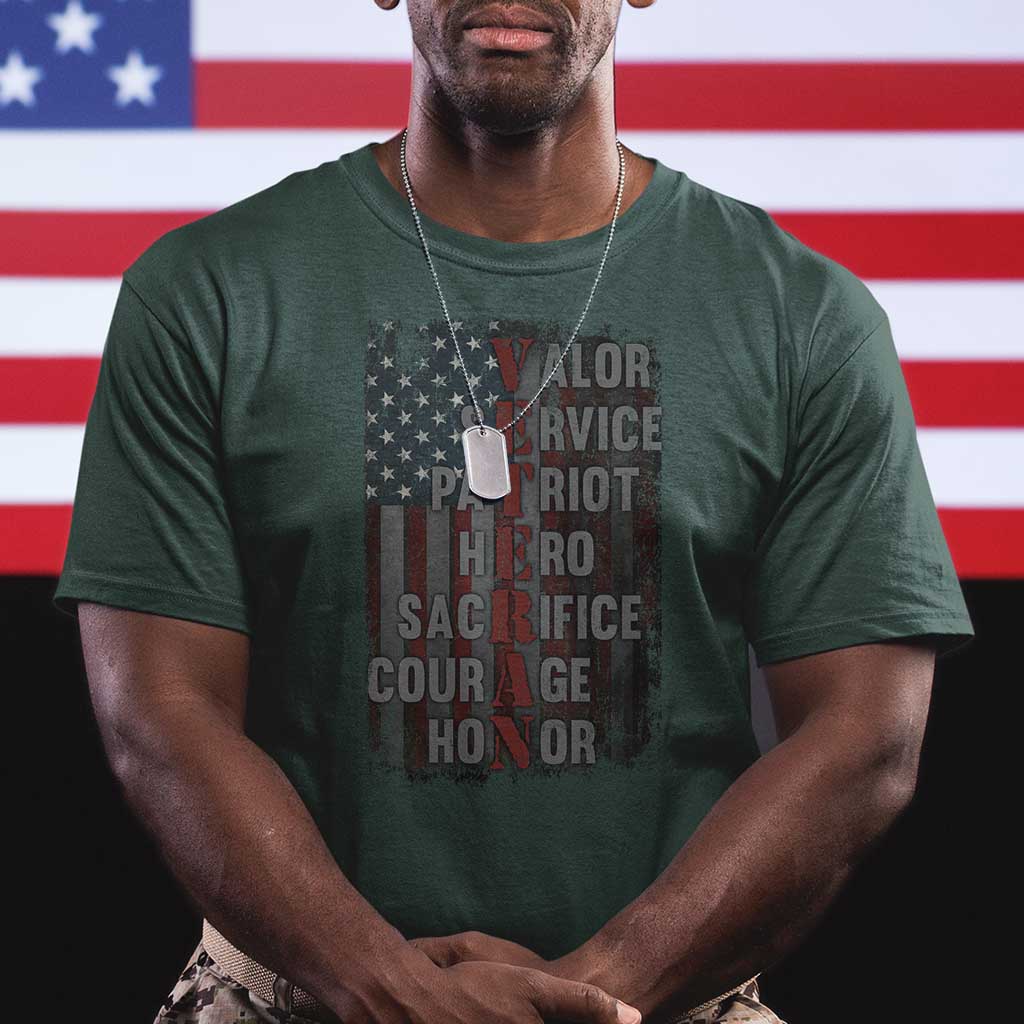 Veterans Valor Service Patriot Hero Sacrifice Courage Honor T Shirt American Flag TS11 Dark Forest Green Print Your Wear