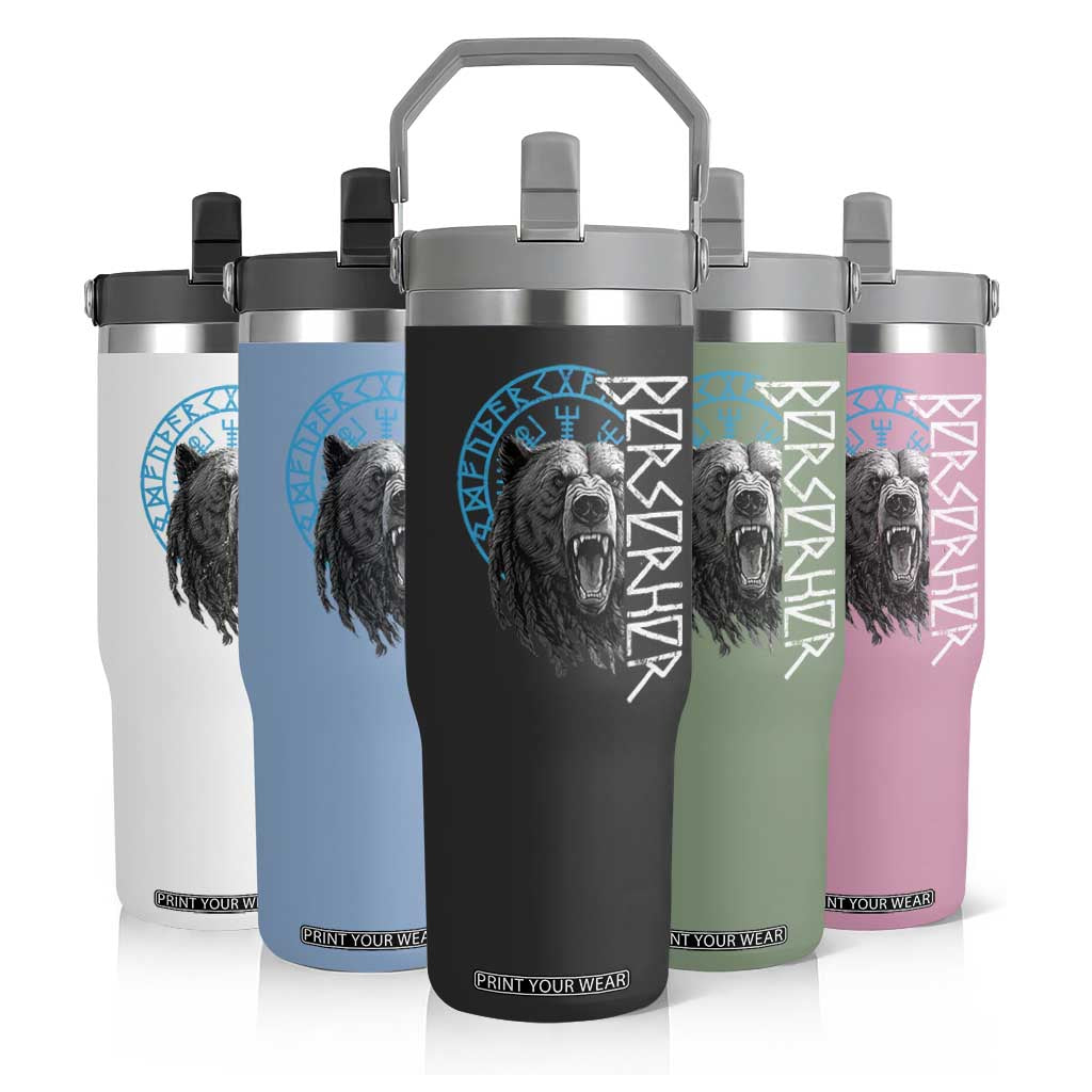 Viking Berserker Bear Warrior Odin Runes Nordic Compass Flip Straw Tumbler TS11 Print Your Wear