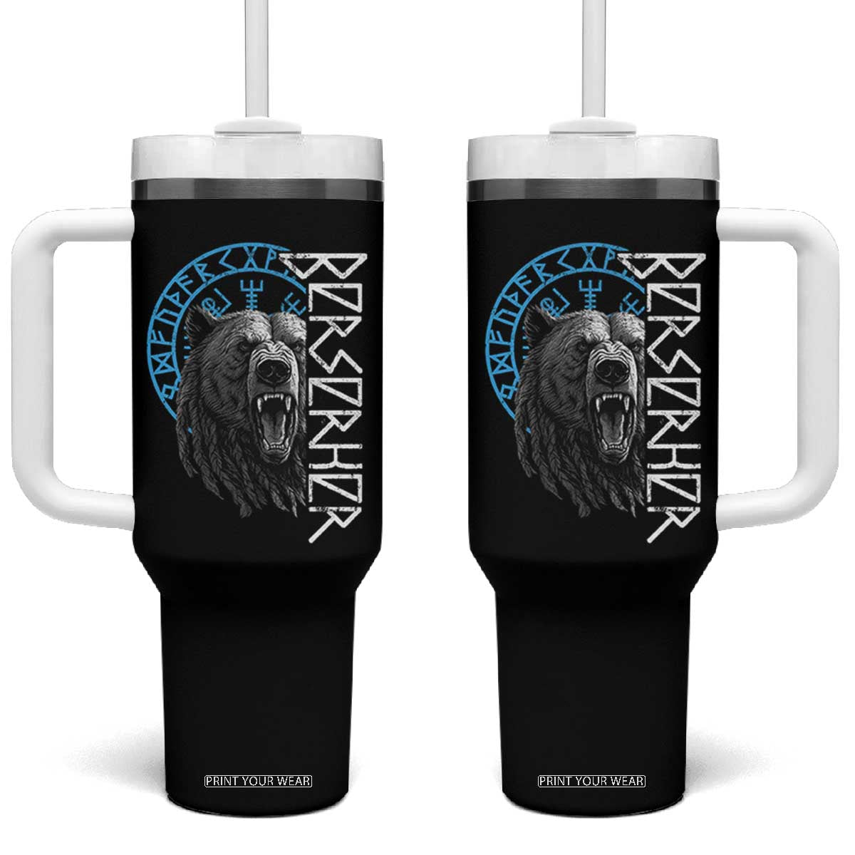 Viking Berserker Bear Warrior Odin Runes Nordic Compass Tumbler With Handle TS11 One Size: 40 oz Black Print Your Wear