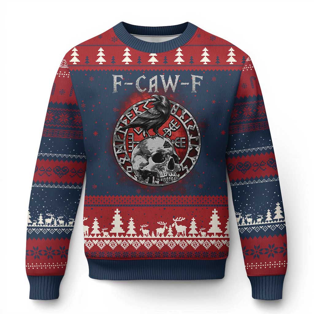 Funny F Caw F Viking Crow Ugly Christmas Sweater Vegvisir Black Bird Gothic Skull Adult Humor TS11 Navy Red Print Your Wear