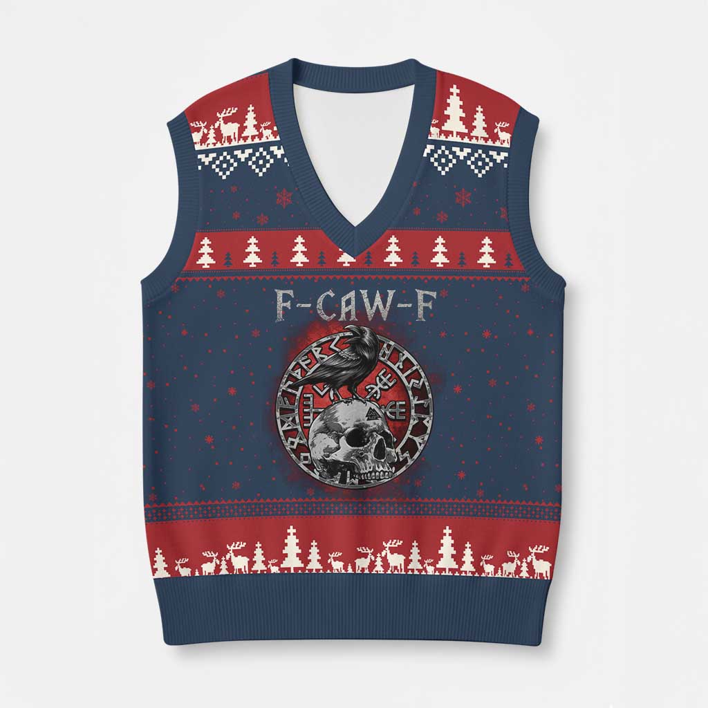 Funny F Caw F Viking Crow V-Neck Knit Sweater Vest Vegvisir Black Bird Gothic Skull Adult Humor TS11 Navy Red Print Your Wear