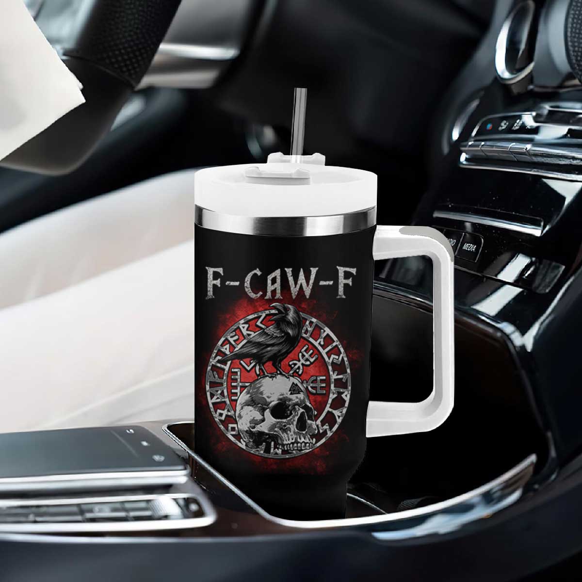 Funny F Caw F Viking Crow Tumbler With Handle Vegvisir Black Bird Gothic Skull Adult Humor TS11 Print Your Wear