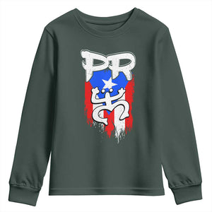 Puerto Rico Flag Hispanic Heritage Month Boricua Taino Coqui Frog Youth Sweatshirt TS11 Dark Forest Green Print Your Wear