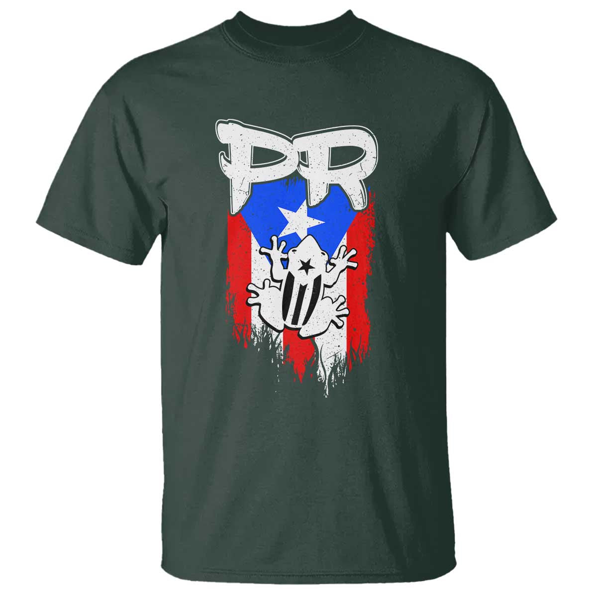 Puerto Rico Flag Hispanic Heritage Month Boricua Coqui Frog T Shirt TS11 Dark Forest Green Print Your Wear