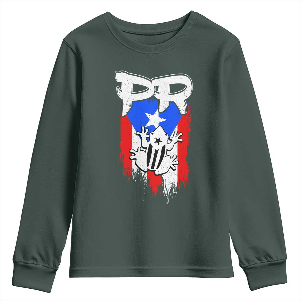 Puerto Rico Flag Hispanic Heritage Month Boricua Coqui Frog Youth Sweatshirt TS11 Dark Forest Green Print Your Wear