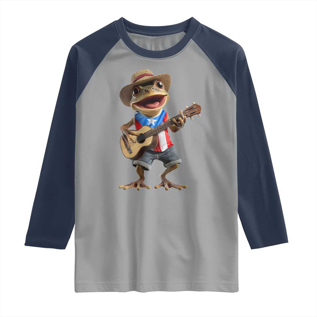 Puerto Rico Coqui Frog Puerto Rican Flag Taino Boricua Guitar Raglan Shirt TS11 Sport Gray Navy Print Your Wear