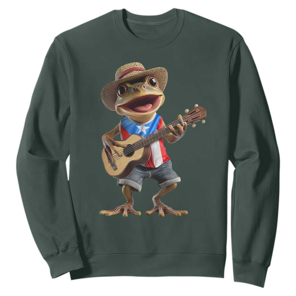 Puerto Rico Coqui Frog Puerto Rican Flag Taino Boricua Guitar Sweatshirt TS11 Dark Forest Green Print Your Wear