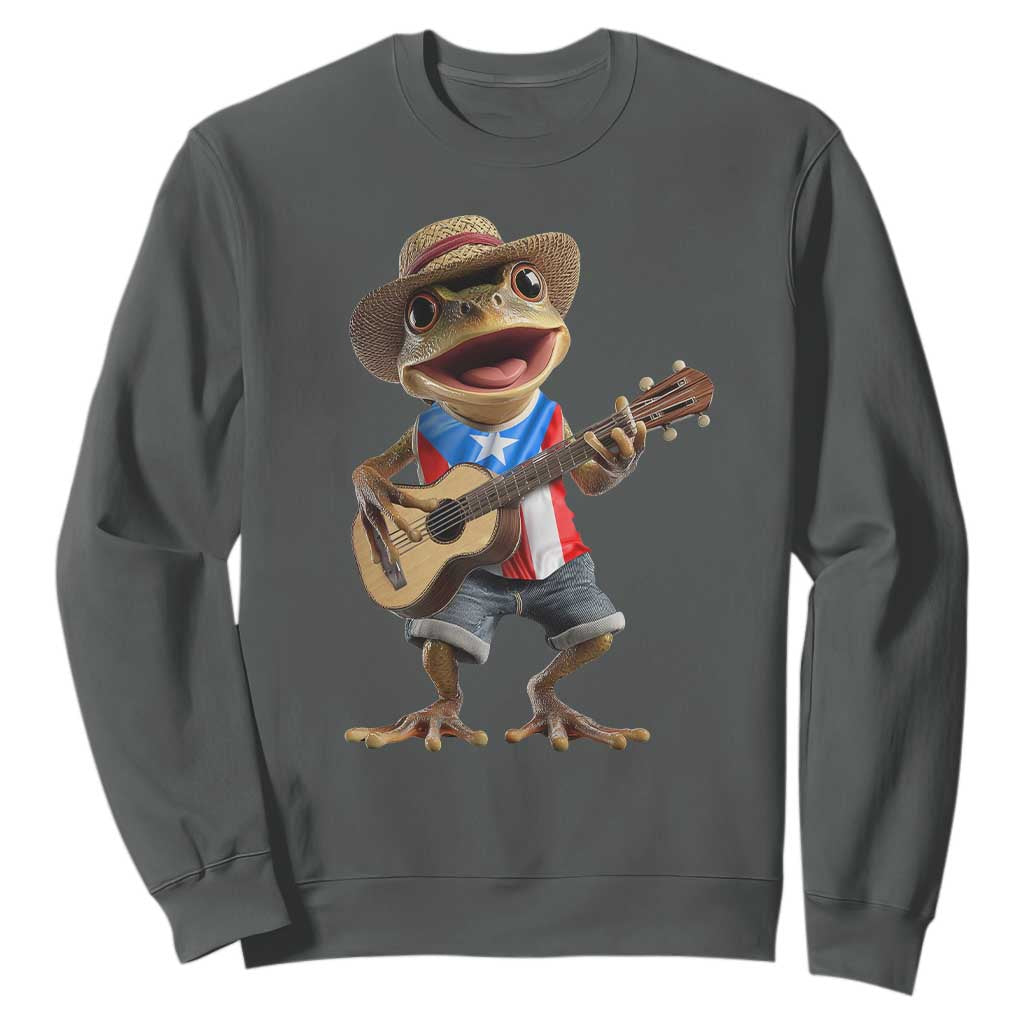 Puerto Rico Coqui Frog Puerto Rican Flag Taino Boricua Guitar Sweatshirt TS11 Dark Heather Print Your Wear