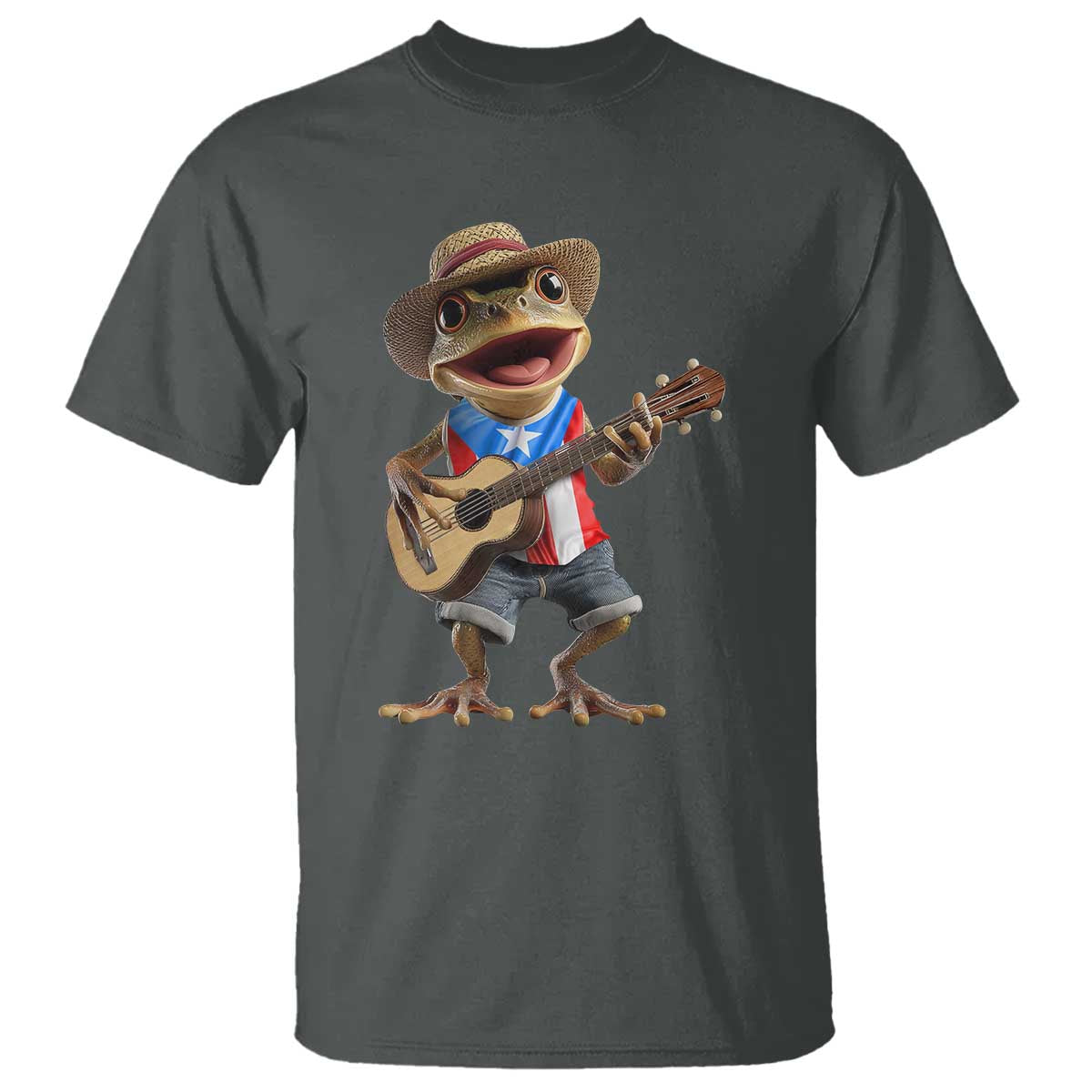 Puerto Rico Coqui Frog Puerto Rican Flag Taino Boricua Guitar T Shirt TS11 Dark Heather Print Your Wear