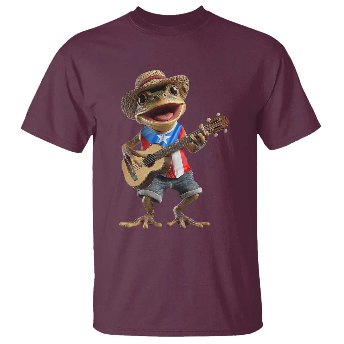 Puerto Rico Coqui Frog Puerto Rican Flag Taino Boricua Guitar T Shirt TS11 Maroon Print Your Wear