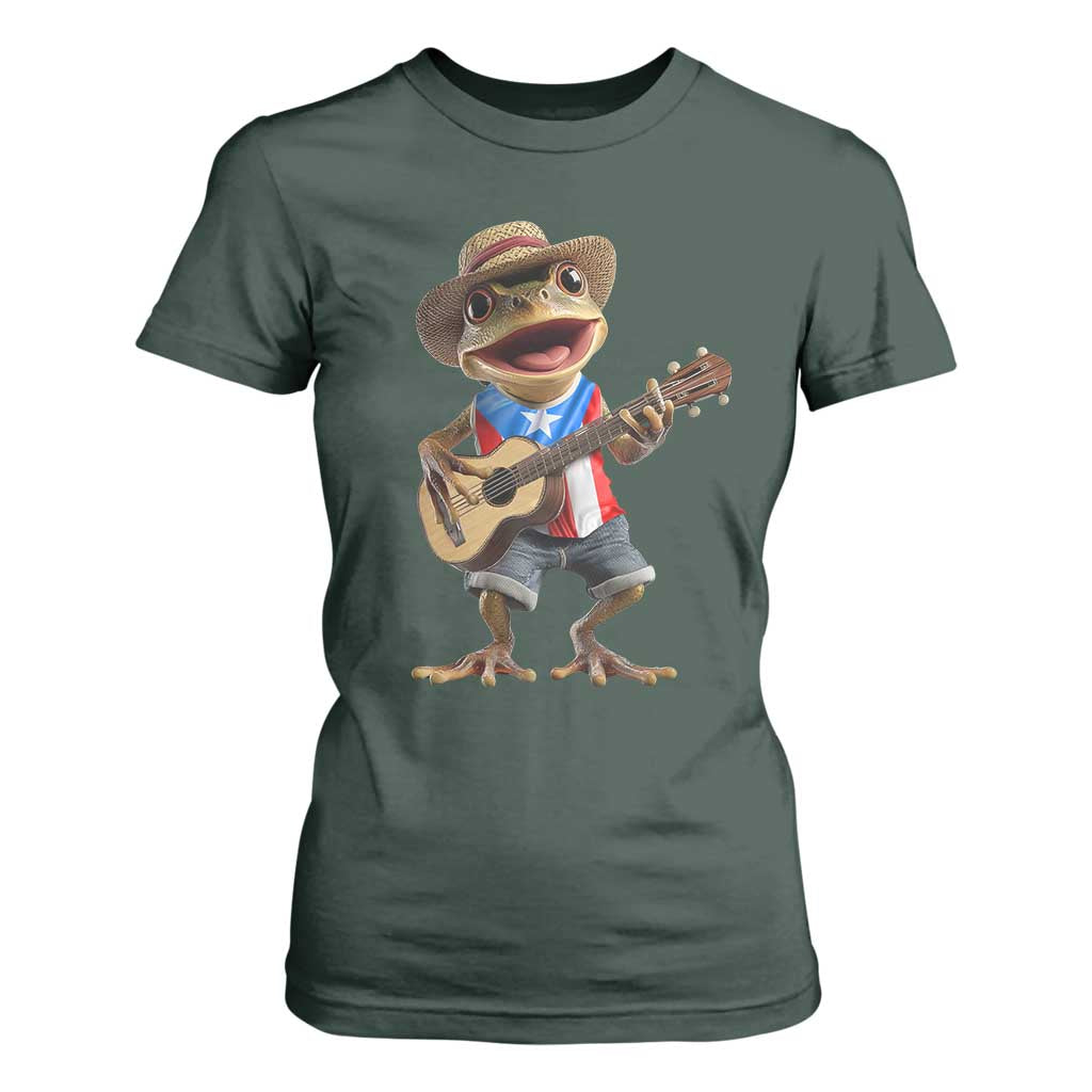 Puerto Rico Coqui Frog Puerto Rican Flag Taino Boricua Guitar T Shirt For Women TS11 Dark Forest Green Print Your Wear
