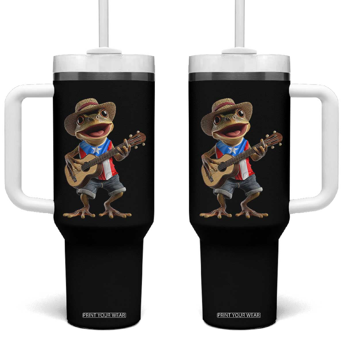 Puerto Rico Coqui Frog Puerto Rican Flag Taino Boricua Guitar Tumbler With Handle TS11 One Size: 40 oz Black Print Your Wear