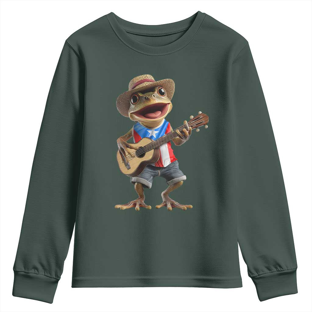 Puerto Rico Coqui Frog Puerto Rican Flag Taino Boricua Guitar Youth Sweatshirt TS11 Dark Forest Green Print Your Wear