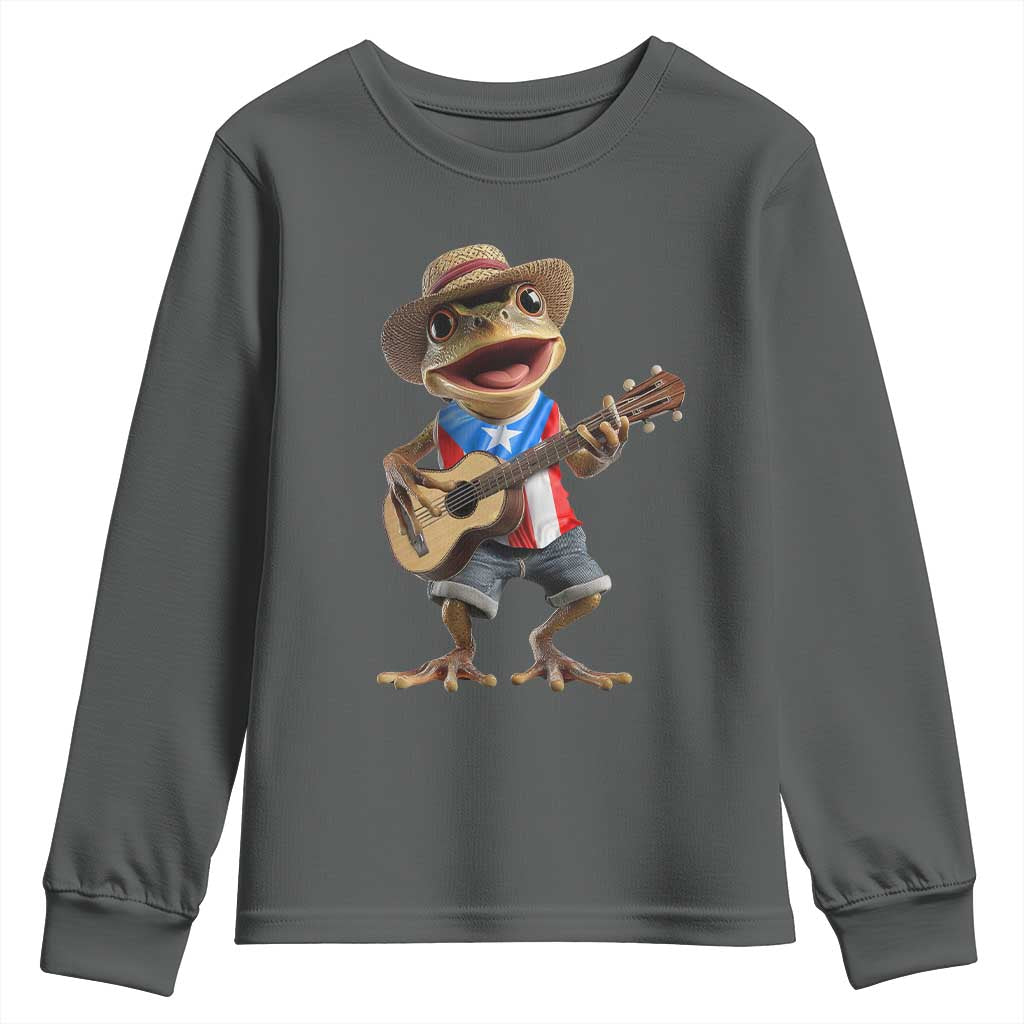 Puerto Rico Coqui Frog Puerto Rican Flag Taino Boricua Guitar Youth Sweatshirt TS11 Dark Heather Print Your Wear