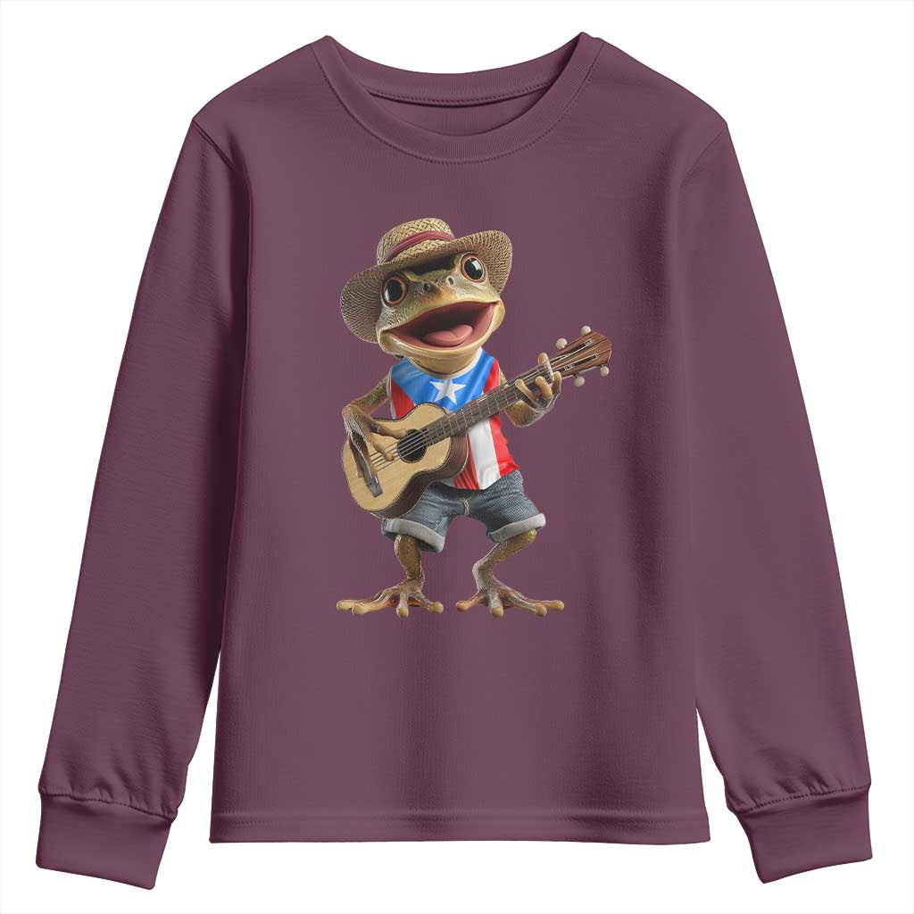 Puerto Rico Coqui Frog Puerto Rican Flag Taino Boricua Guitar Youth Sweatshirt TS11 Maroon Print Your Wear