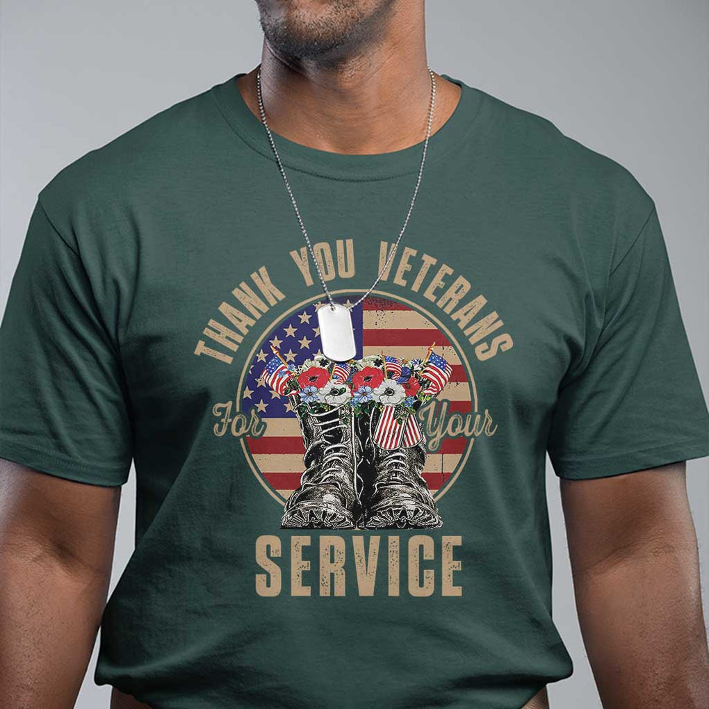 Veterans T Shirt Thank You Veterans For Your Service American Flag Combat Shoes TS11 Dark Forest Green Print Your Wear