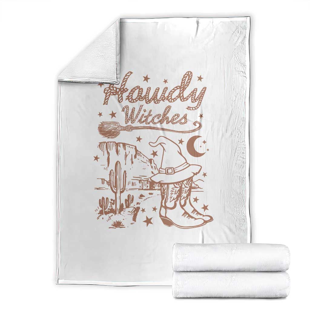 Halloween Cowgirl Throw Blanket Howdy Witches Retro Cowboy Boots Witch Hat Broom TS11 White Print Your Wear