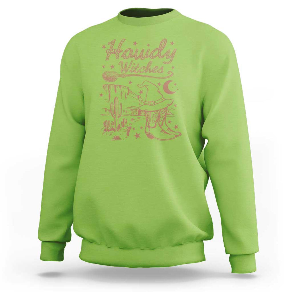 Halloween Cowgirl Sweatshirt Howdy Witches Retro Cowboy Boots Witch Hat Broom TS11 Lime Print Your Wear