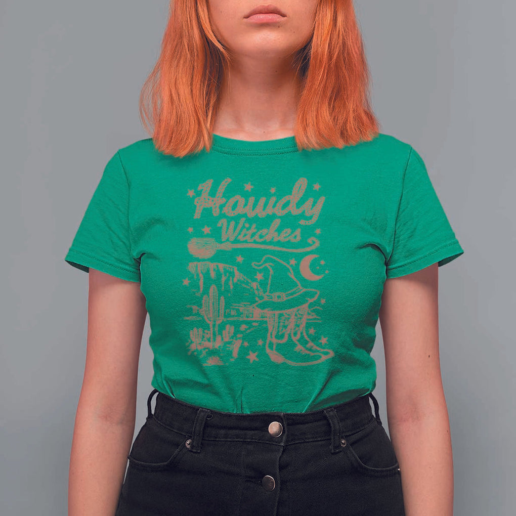 Halloween Cowgirl T Shirt For Women Howdy Witches Retro Cowboy Boots Witch Hat Broom TS11 Irish Green Print Your Wear