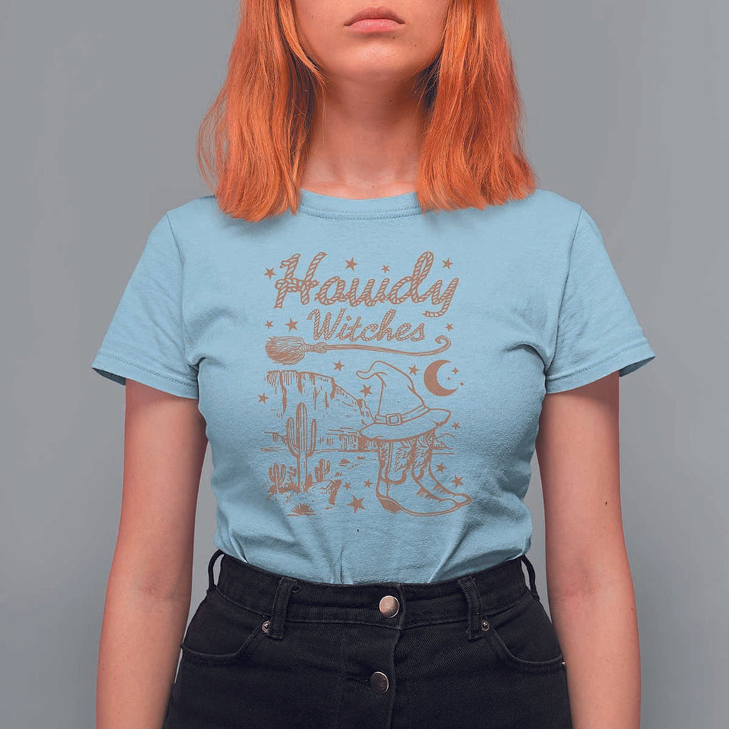 Halloween Cowgirl T Shirt For Women Howdy Witches Retro Cowboy Boots Witch Hat Broom TS11 Light Blue Print Your Wear