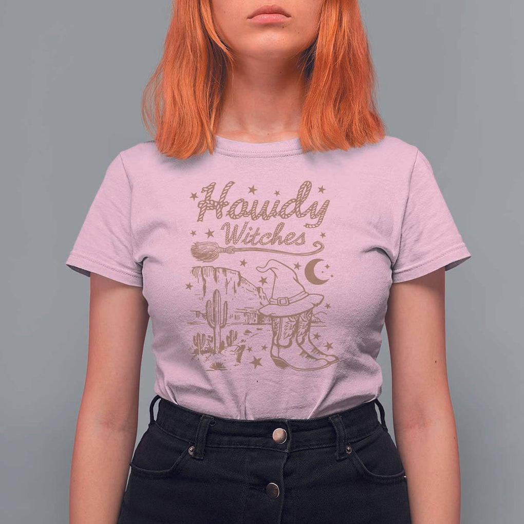 Halloween Cowgirl T Shirt For Women Howdy Witches Retro Cowboy Boots Witch Hat Broom TS11 Light Pink Print Your Wear