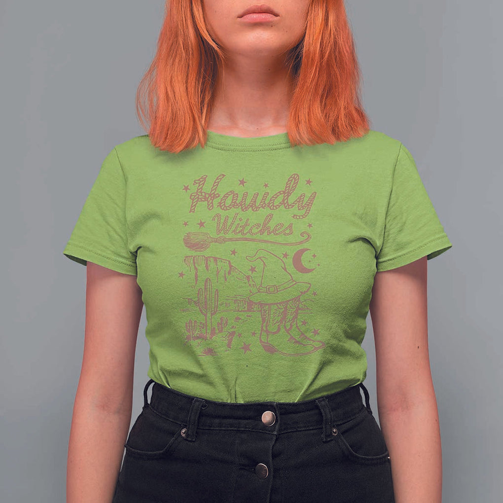 Halloween Cowgirl T Shirt For Women Howdy Witches Retro Cowboy Boots Witch Hat Broom TS11 Lime Print Your Wear