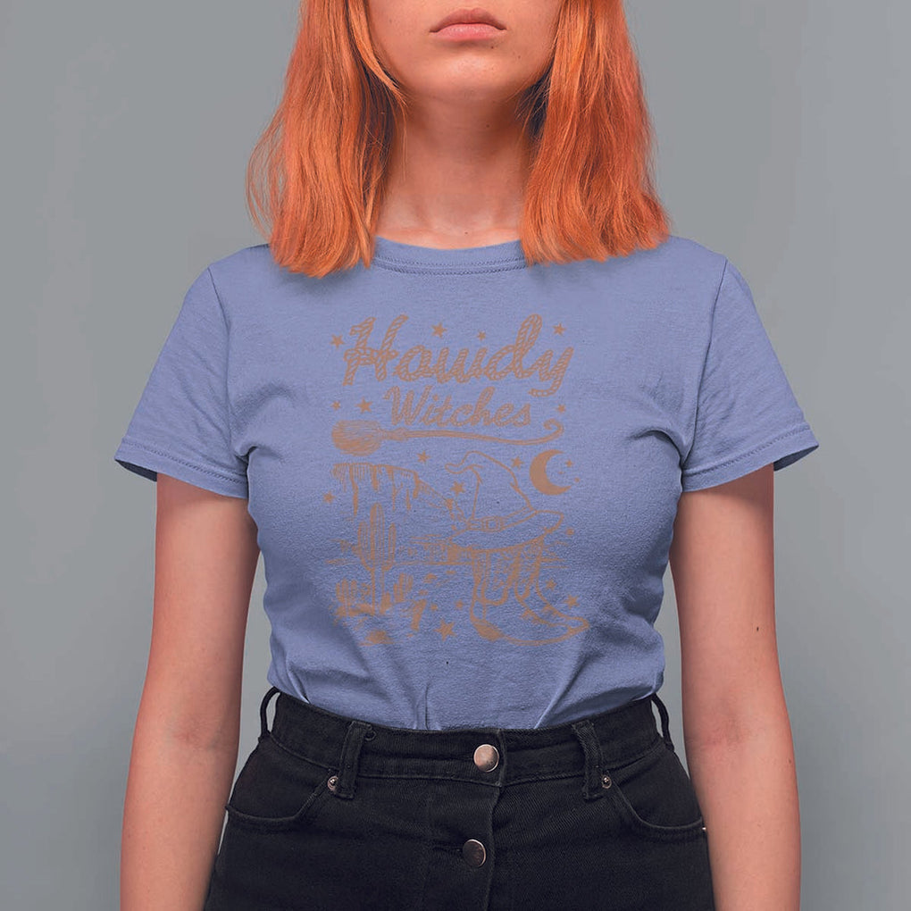 Halloween Cowgirl T Shirt For Women Howdy Witches Retro Cowboy Boots Witch Hat Broom TS11 Violet Print Your Wear