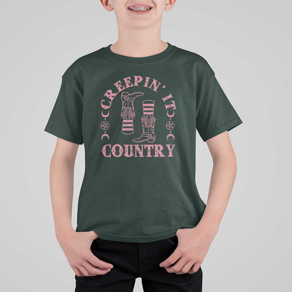 Halloween Cowgirl T Shirt For Kid Creepin It Country Cowboy Boots Witch Socks Pentagram TS11 Dark Forest Green Print Your Wear