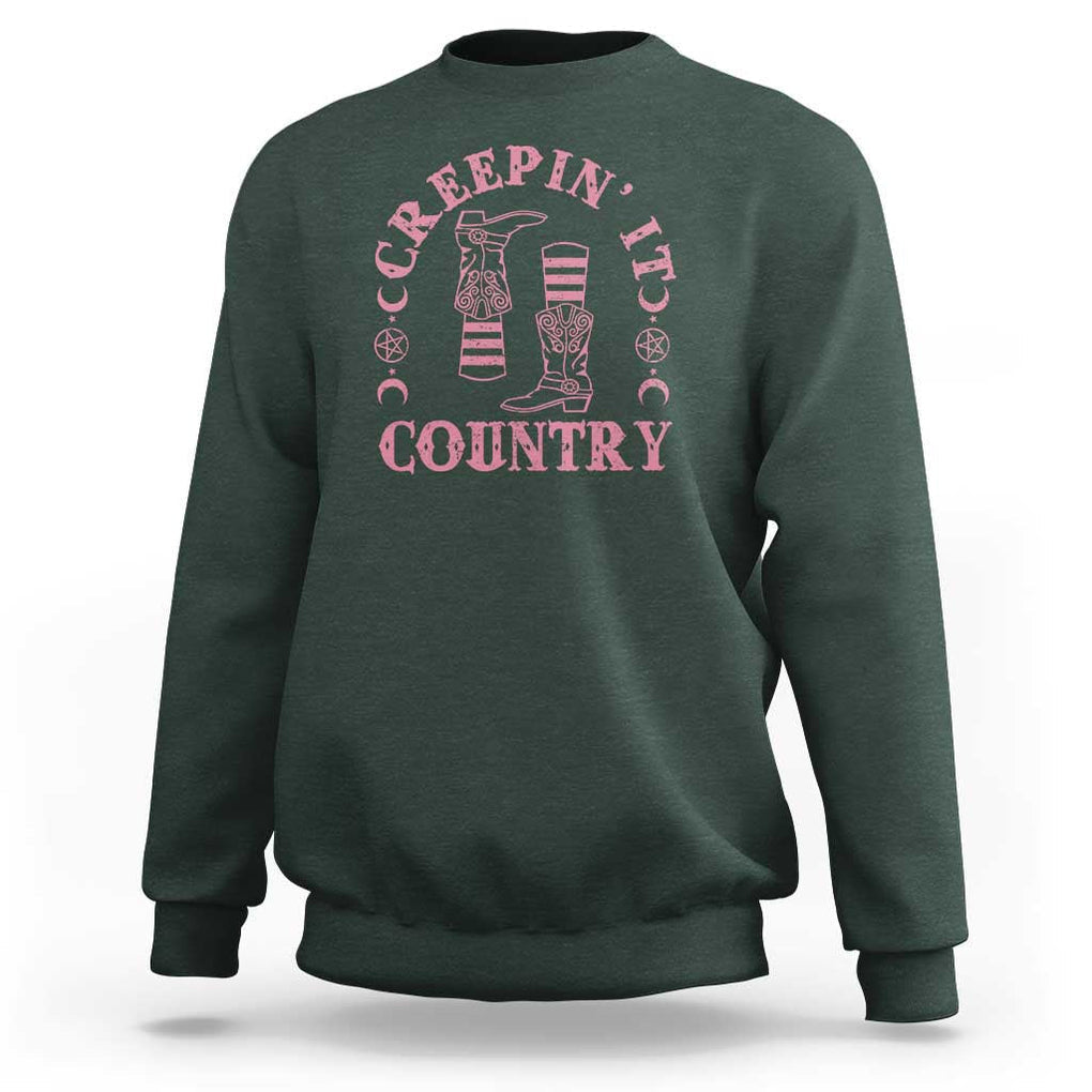 Halloween Cowgirl Sweatshirt Creepin It Country Cowboy Boots Witch Socks Pentagram TS11 Dark Forest Green Print Your Wear