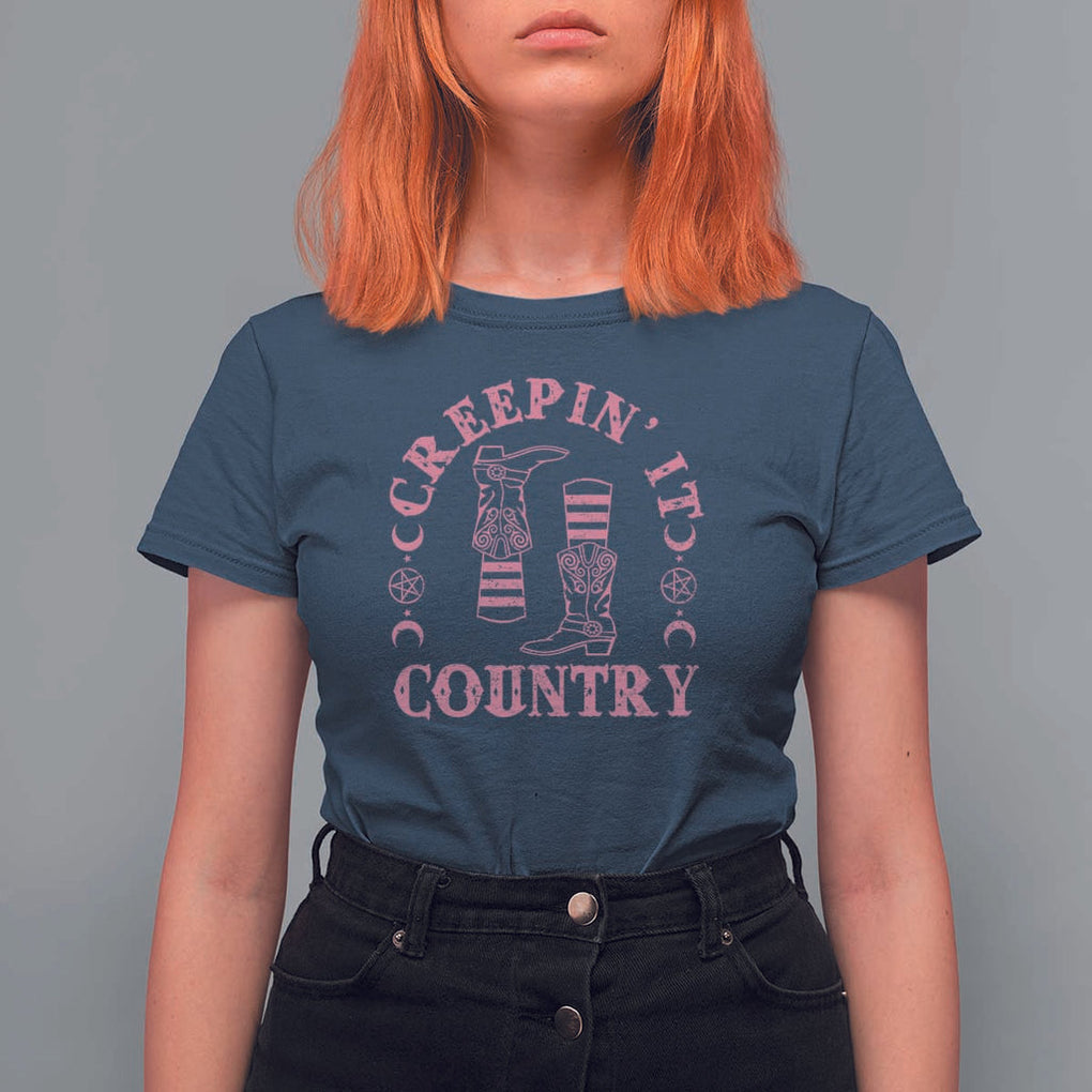 Halloween Cowgirl T Shirt For Women Creepin It Country Cowboy Boots Witch Socks Pentagram TS11 Navy Print Your Wear