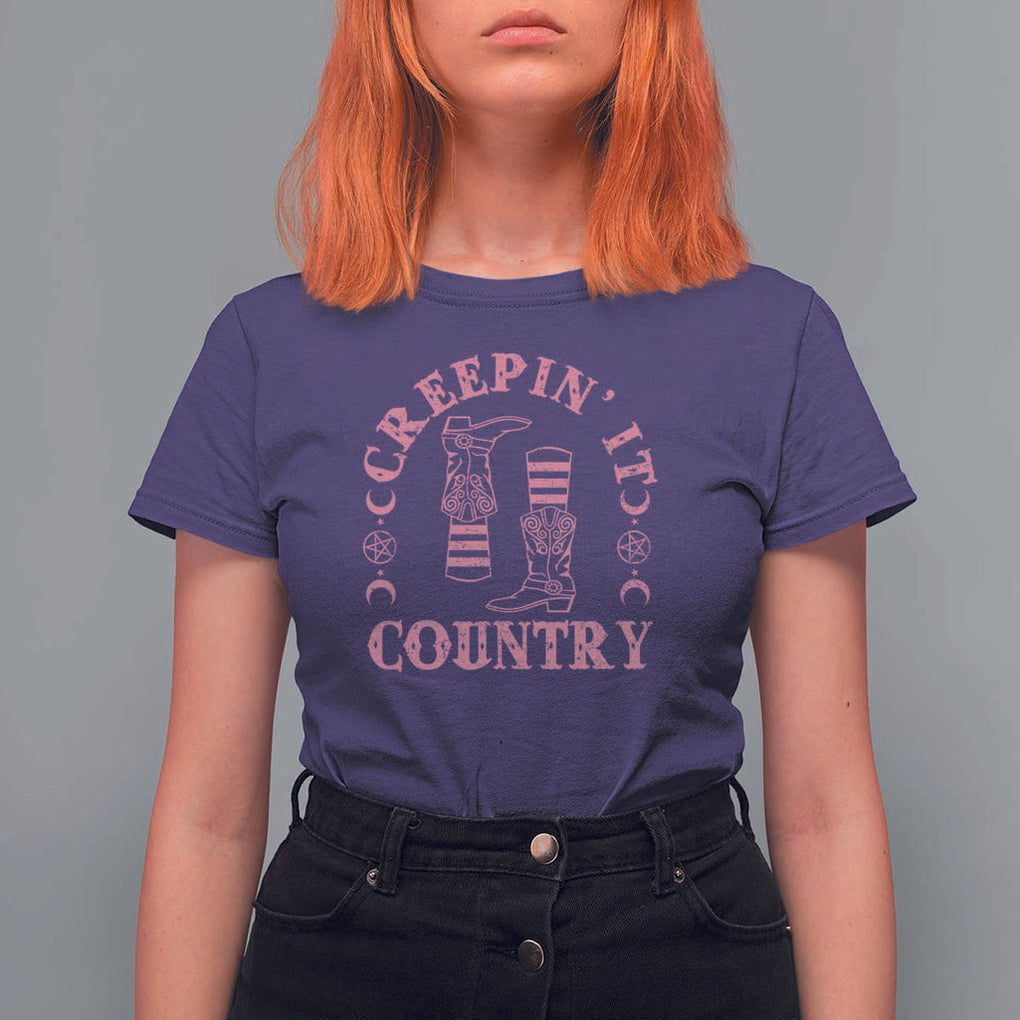 Halloween Cowgirl T Shirt For Women Creepin It Country Cowboy Boots Witch Socks Pentagram TS11 Purple Print Your Wear