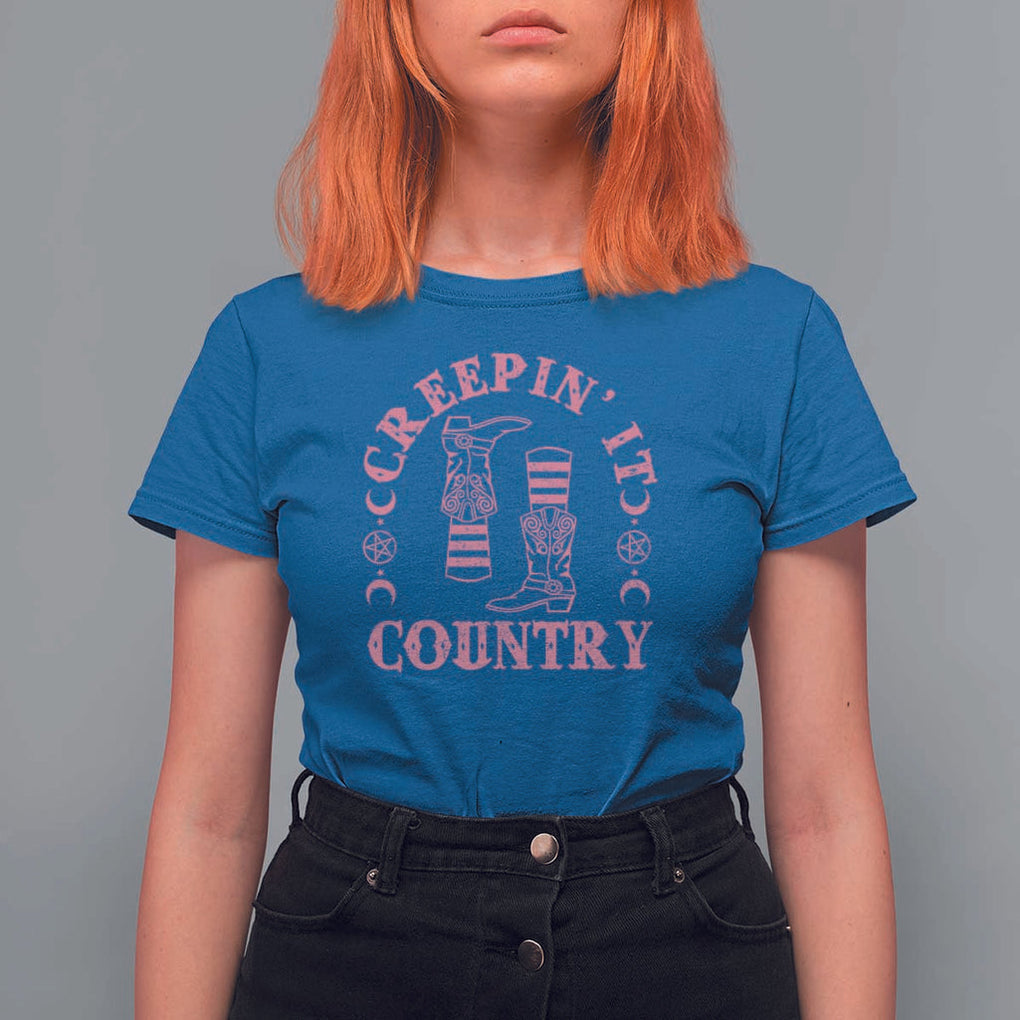 Halloween Cowgirl T Shirt For Women Creepin It Country Cowboy Boots Witch Socks Pentagram TS11 Royal Blue Print Your Wear