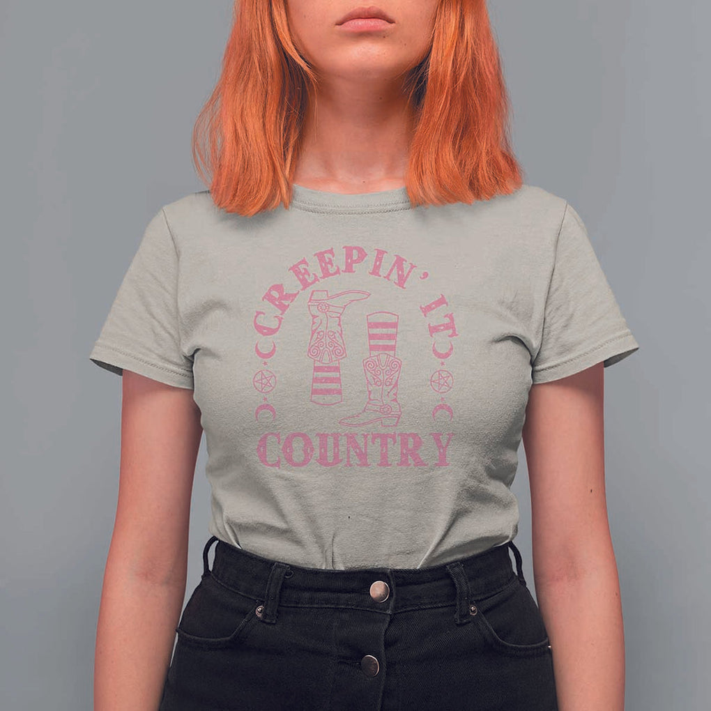 Halloween Cowgirl T Shirt For Women Creepin It Country Cowboy Boots Witch Socks Pentagram TS11 Sand Print Your Wear