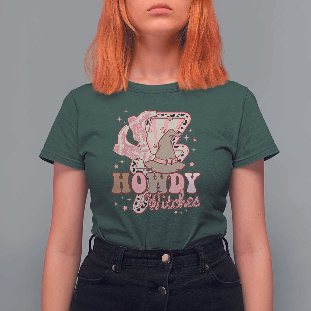 Halloween Cowgirl T Shirt For Women Howdy Witches Cowboy Boots Witch Hat Thunder TS11 Dark Forest Green Print Your Wear