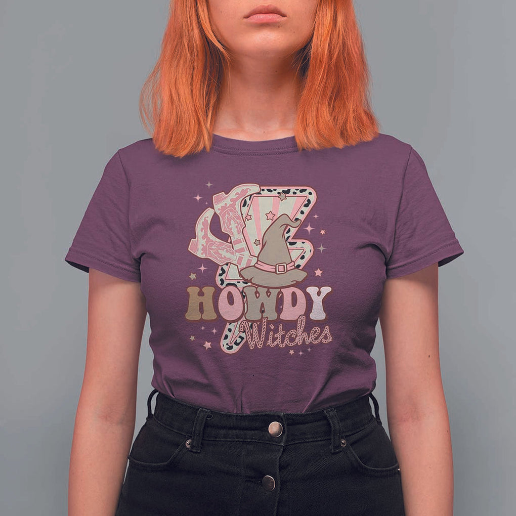 Halloween Cowgirl T Shirt For Women Howdy Witches Cowboy Boots Witch Hat Thunder TS11 Maroon Print Your Wear