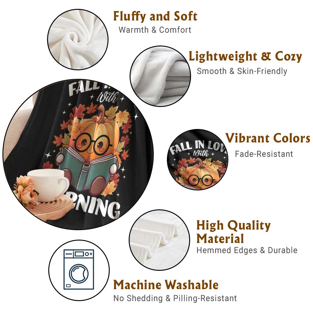 Funny Teacher Throw Blanket Fall In Love With Learning Autumn Pumpkin Reading Thanksgiving Pumpkin TS11 Print Your Wear