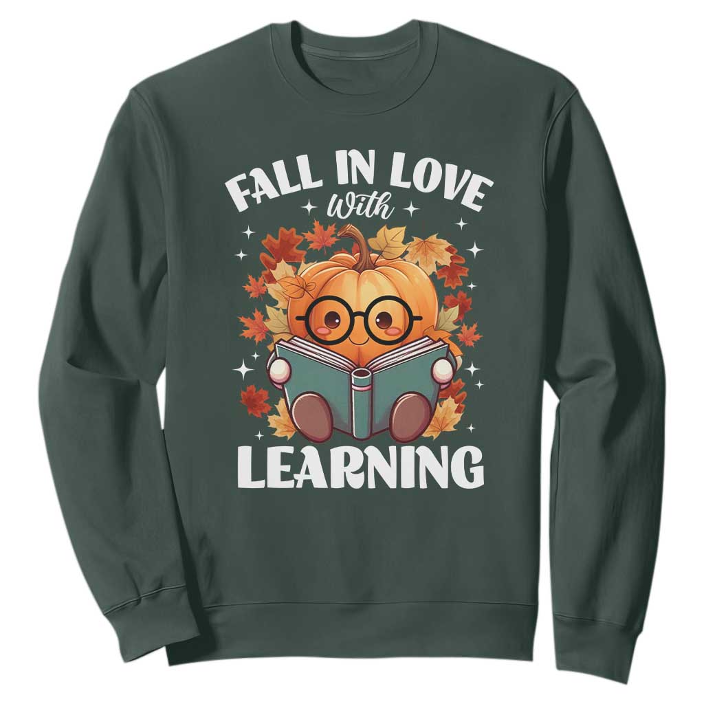 Funny Teacher Sweatshirt Fall In Love With Learning Autumn Pumpkin Reading Thanksgiving Pumpkin TS11 Dark Forest Green Print Your Wear