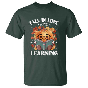 Funny Teacher T Shirt Fall In Love With Learning Autumn Pumpkin Reading Thanksgiving Pumpkin TS11 Dark Forest Green Print Your Wear