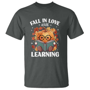 Funny Teacher T Shirt Fall In Love With Learning Autumn Pumpkin Reading Thanksgiving Pumpkin TS11 Dark Heather Print Your Wear