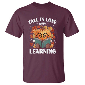 Funny Teacher T Shirt Fall In Love With Learning Autumn Pumpkin Reading Thanksgiving Pumpkin TS11 Maroon Print Your Wear
