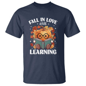 Funny Teacher T Shirt Fall In Love With Learning Autumn Pumpkin Reading Thanksgiving Pumpkin TS11 Navy Print Your Wear